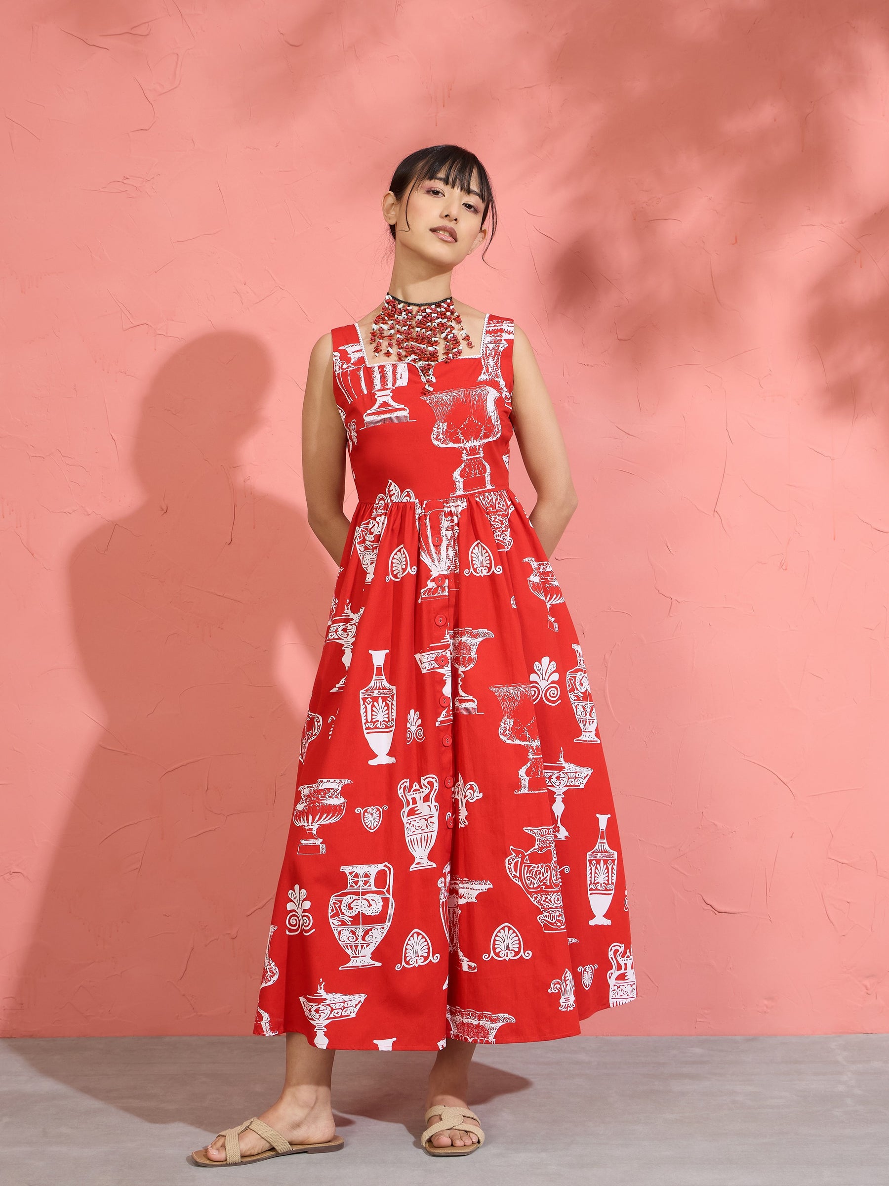 Women Red & White Printed Sleeveless Button Down Midi Dress