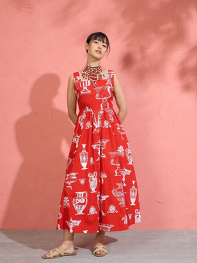Women Red & White Printed Sleeveless Button Down Midi Dress