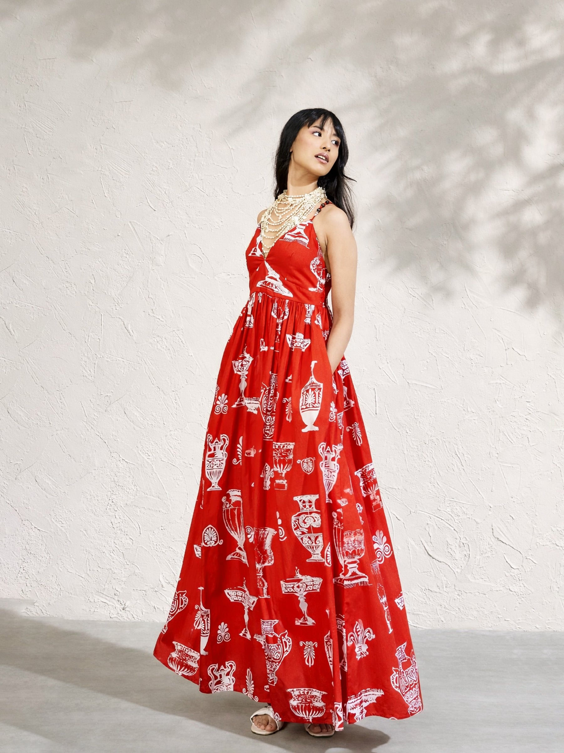 Red Printed Strappy Flared Maxi Dress-Pink Paprika by SASSAFRAS