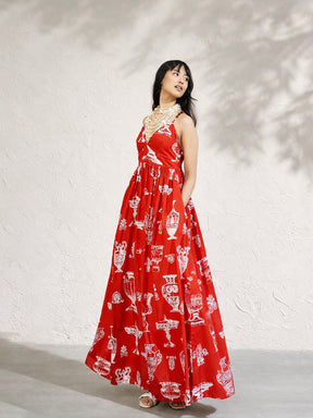 Red Printed Strappy Flared Maxi Dress-Pink Paprika by SASSAFRAS