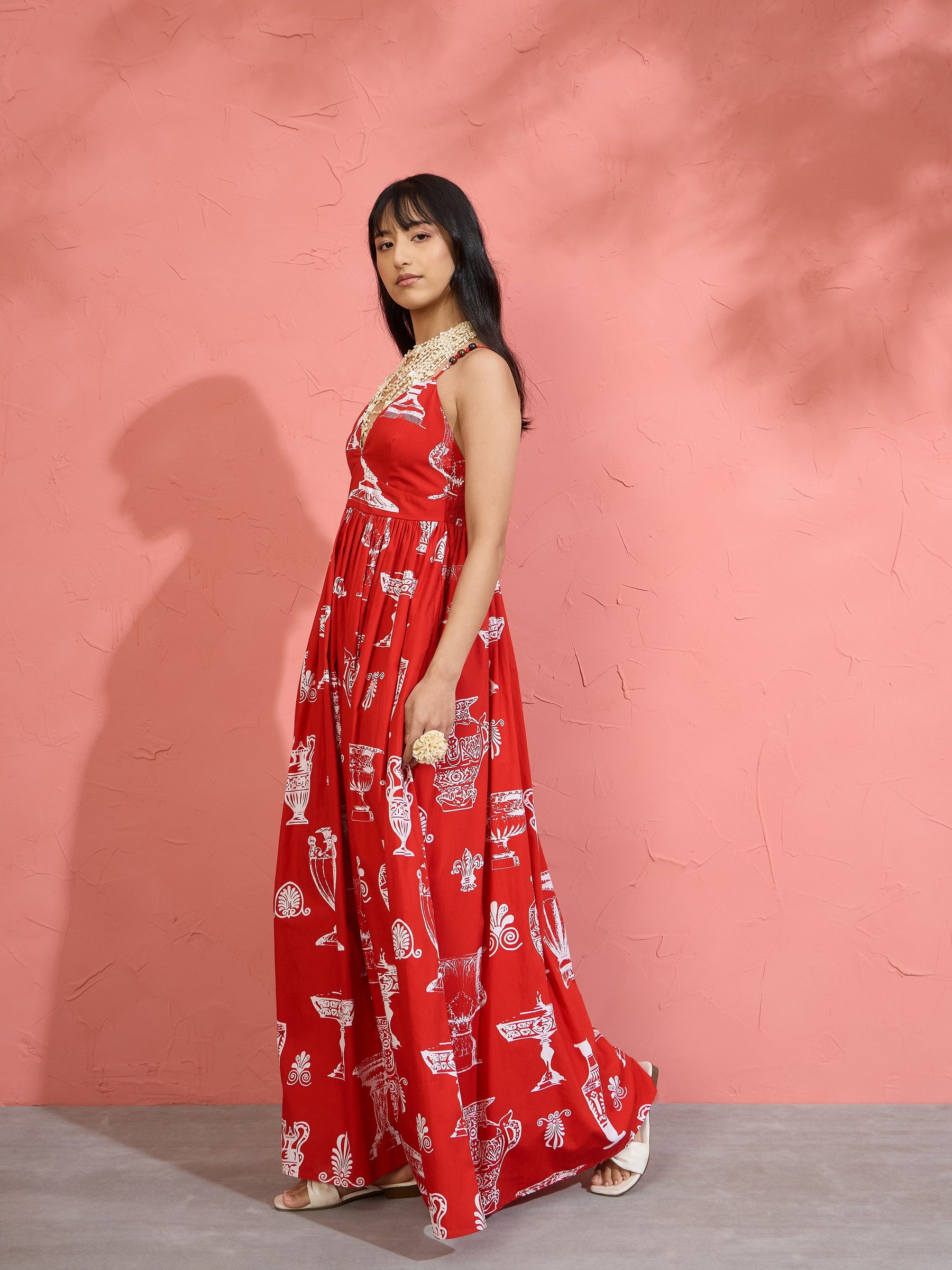 Red Printed Strappy Flared Maxi Dress-Pink Paprika by SASSAFRAS