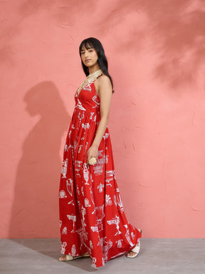 Red Printed Strappy Flared Maxi Dress-Pink Paprika by SASSAFRAS