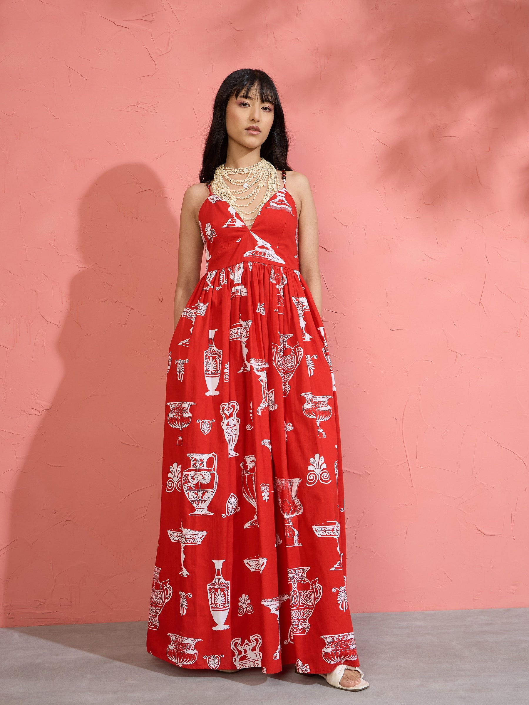 Women Red Printed Strappy Flared Maxi Dress