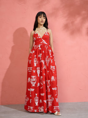 Women Red Printed Strappy Flared Maxi Dress