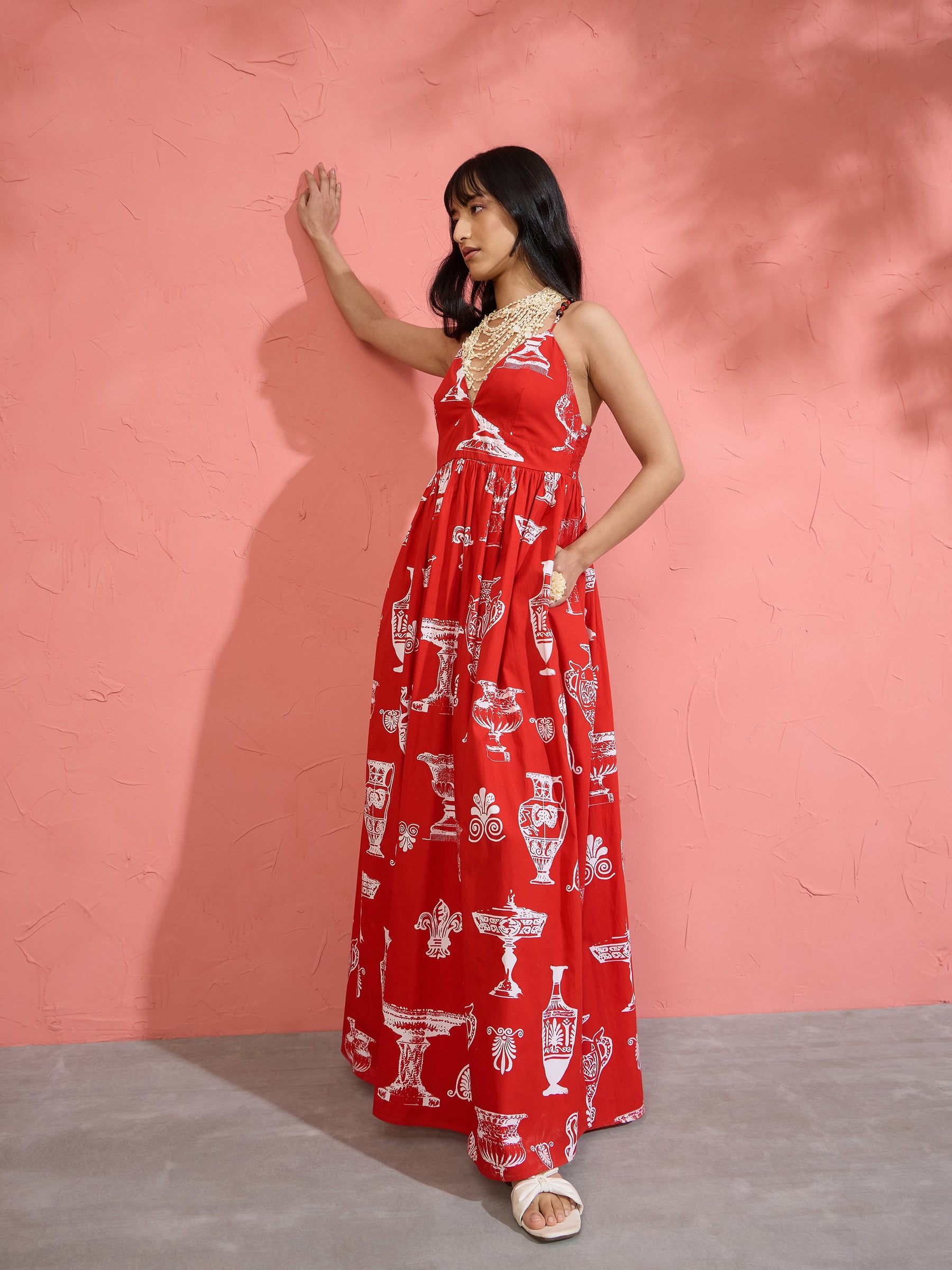 Women Red Printed Strappy Flared Maxi Dress
