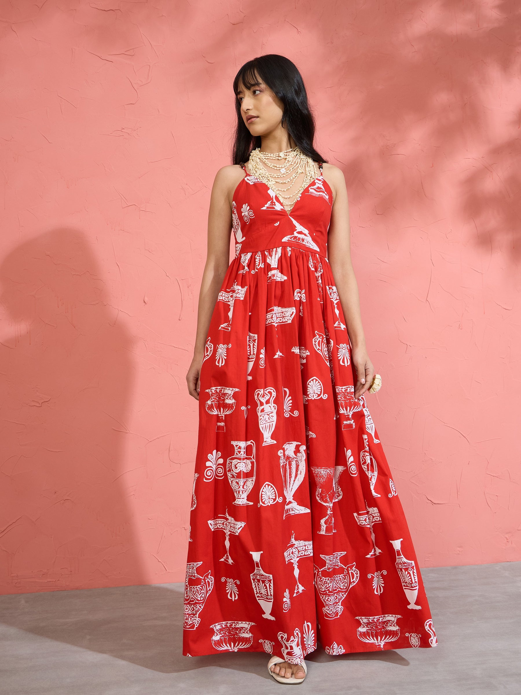 Women Red Printed Strappy Flared Maxi Dress