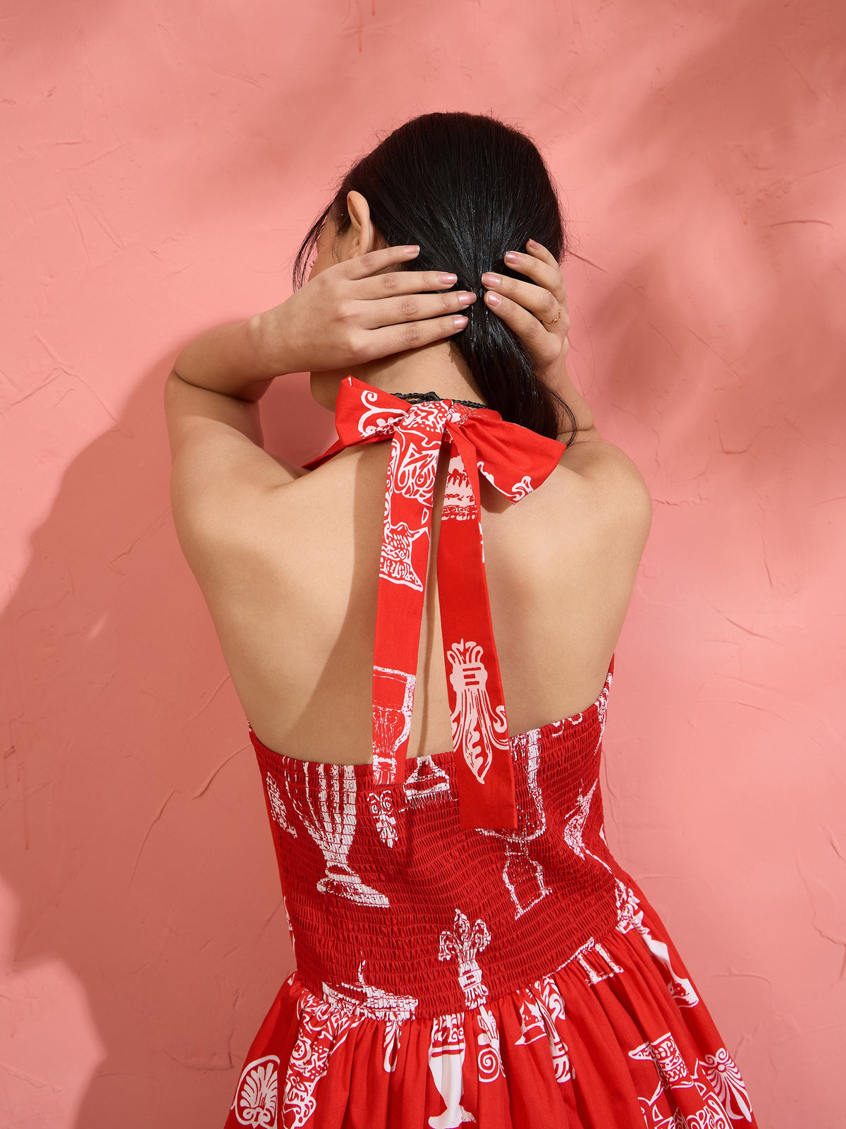 Red Printed Low Waist Halter Neck Short Dress-Pink Paprika by SASSAFRAS