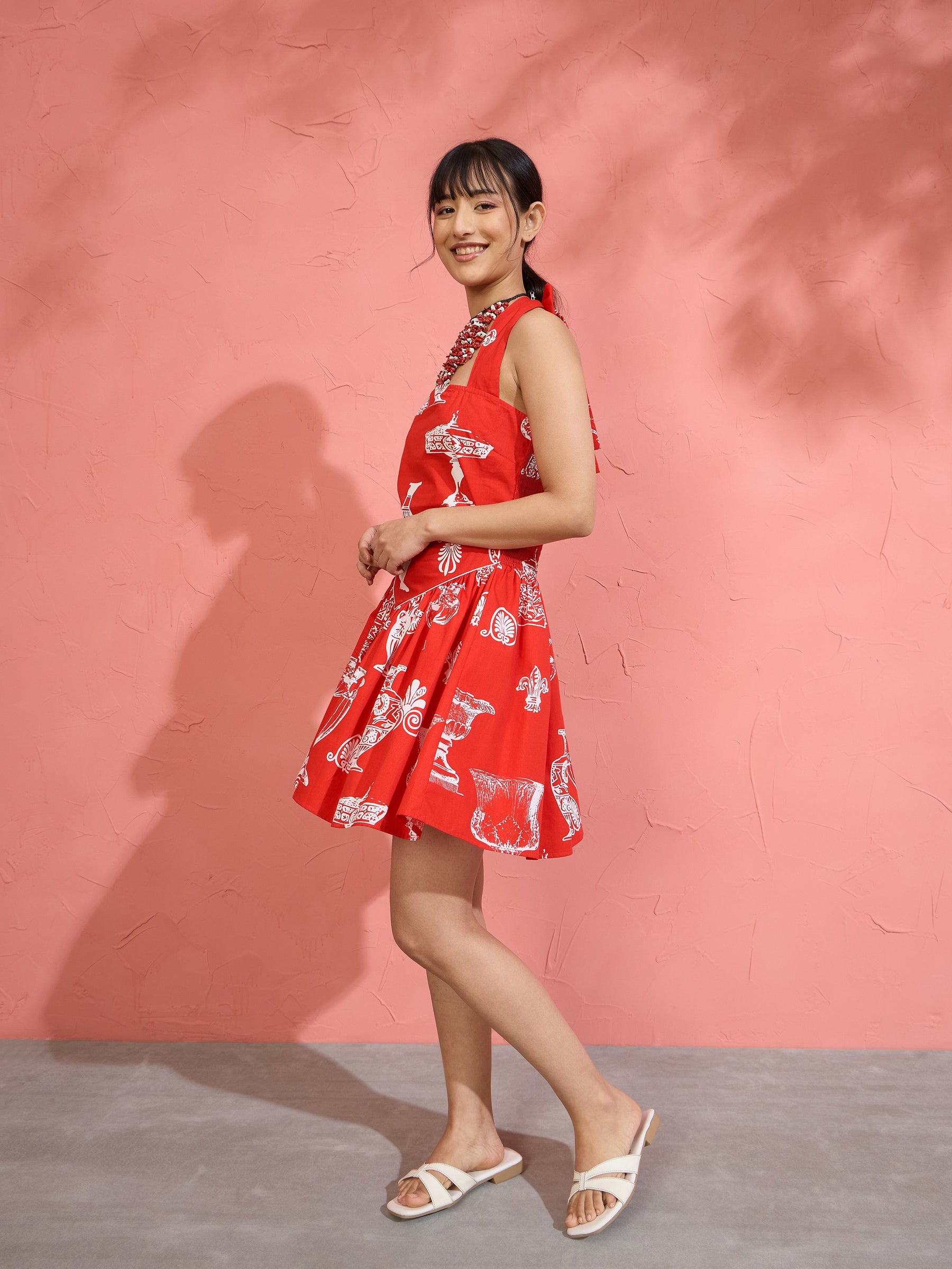 Red Printed Low Waist Halter Neck Short Dress-Pink Paprika by SASSAFRAS