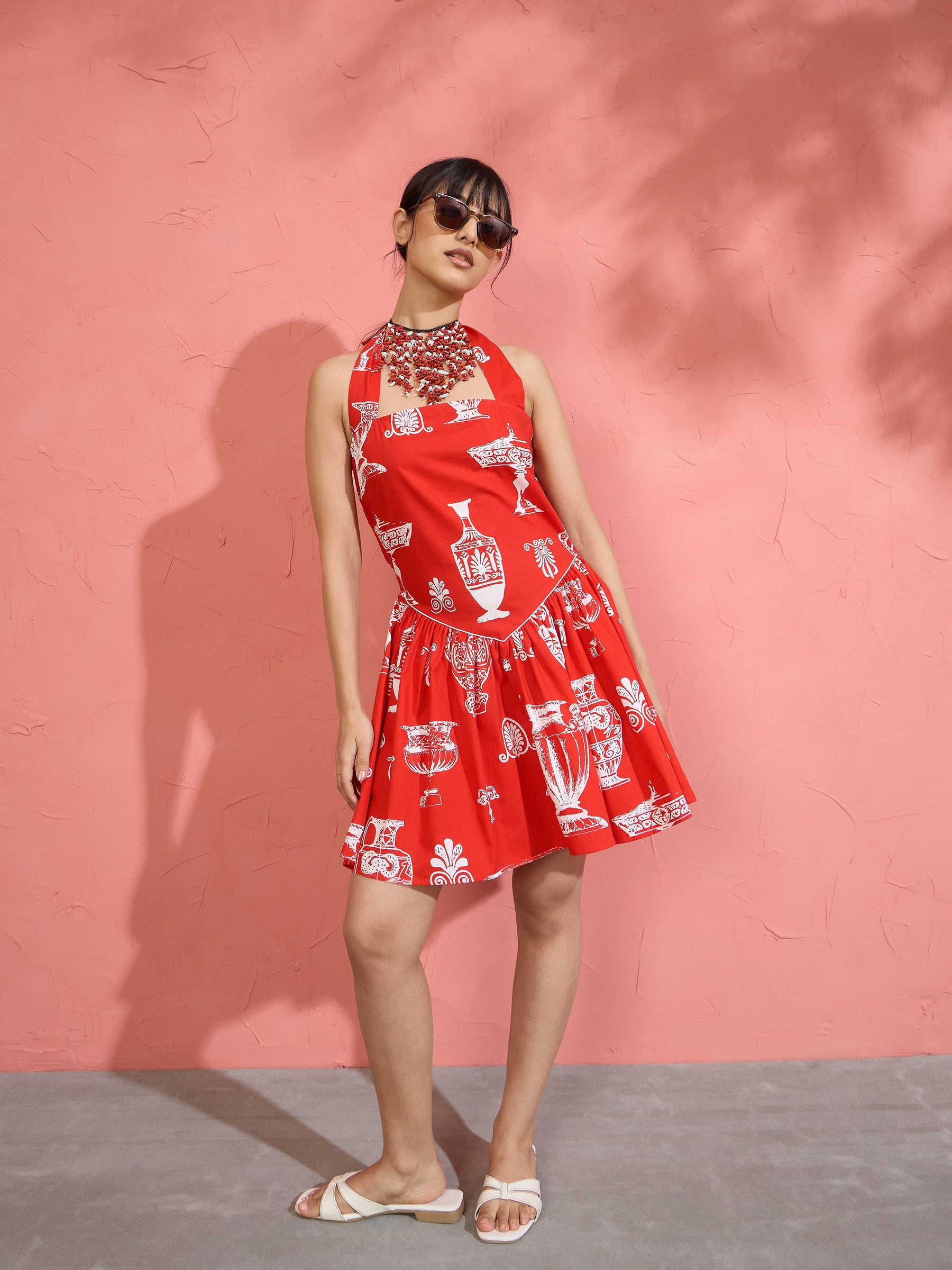 Women Red Printed Low Waist Halter Neck Short Dress