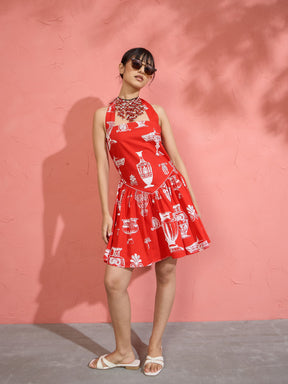 Women Red Printed Low Waist Halter Neck Short Dress