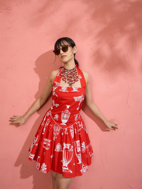 Women Red Printed Low Waist Halter Neck Short Dress