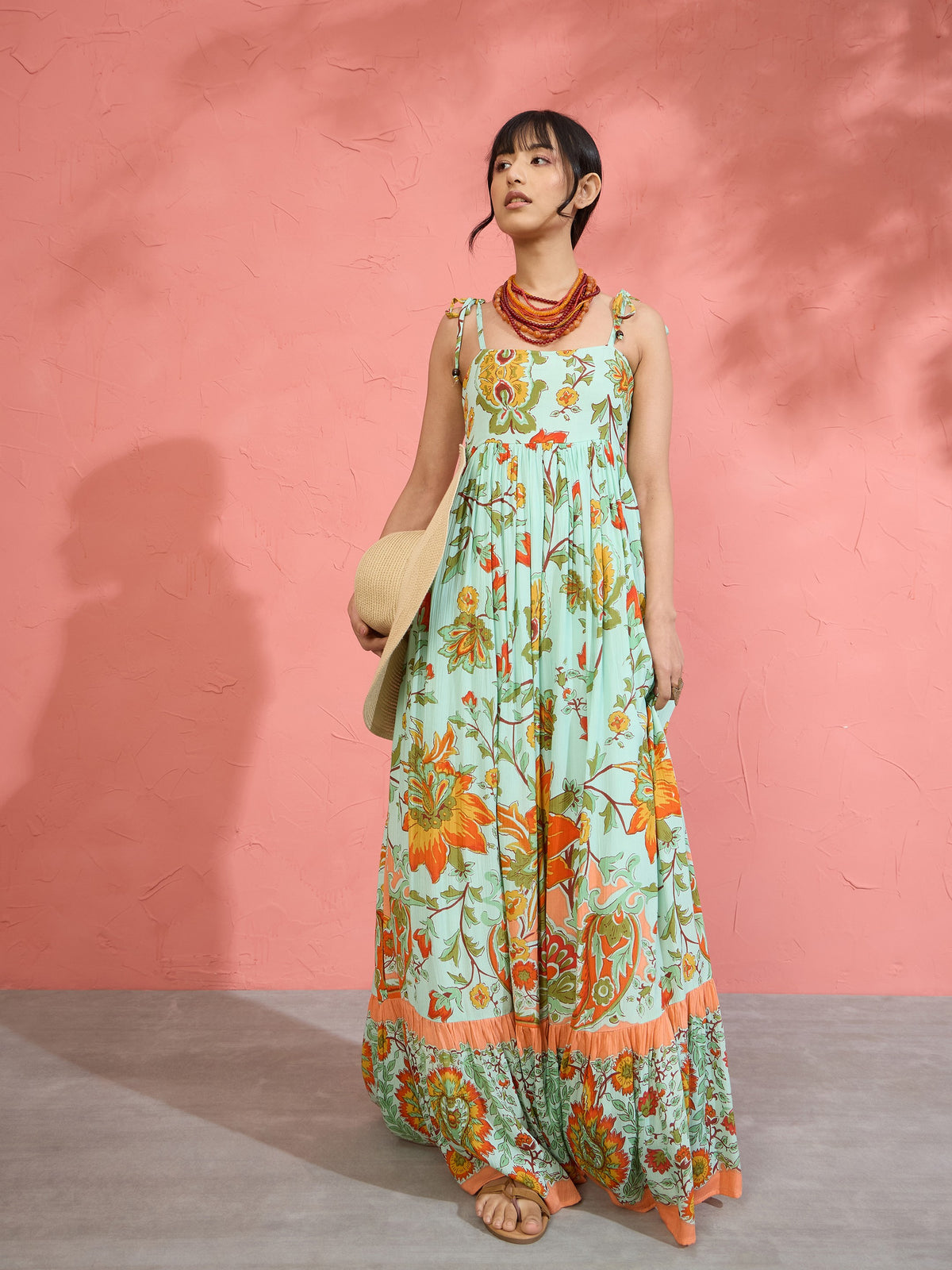 Sea Green Floral Strappy Tie-up Maxi Dress-Pink Paprika by SASSAFRAS