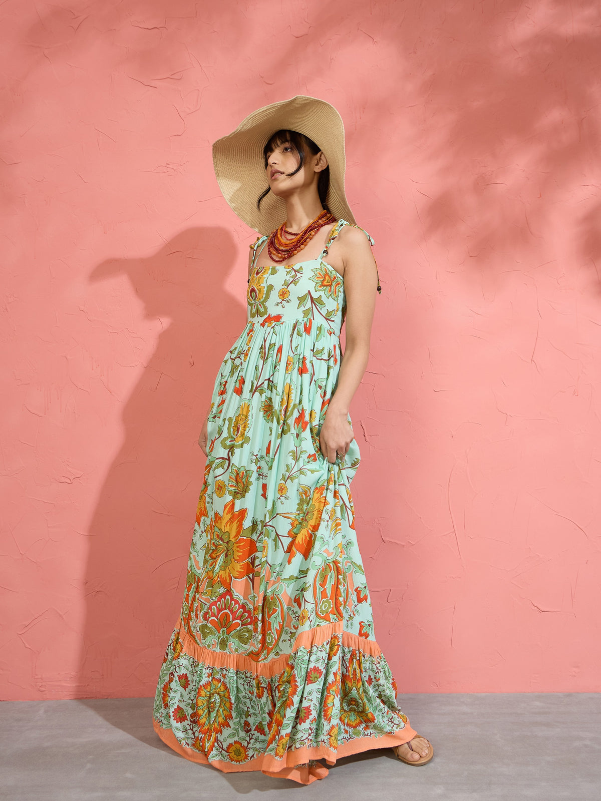 Sea Green Floral Strappy Tie-up Maxi Dress-Pink Paprika by SASSAFRAS