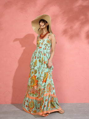 Sea Green Floral Strappy Tie-up Maxi Dress-Pink Paprika by SASSAFRAS