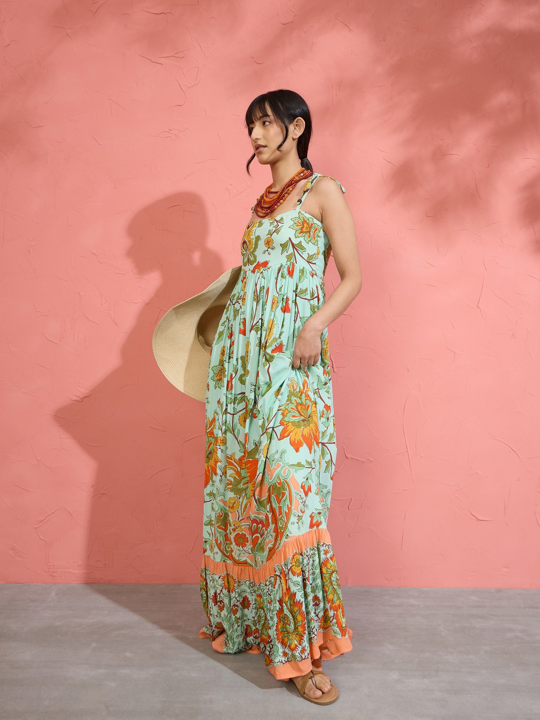 Sea Green Floral Strappy Tie-up Maxi Dress-Pink Paprika by SASSAFRAS