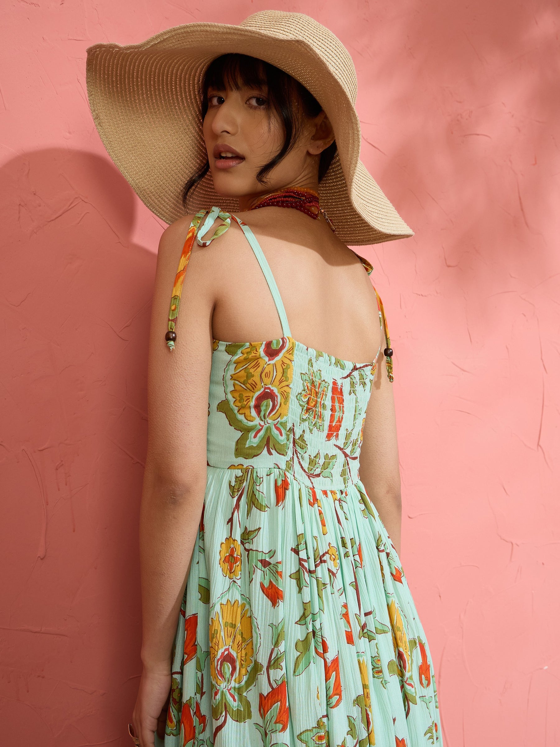 Sea Green Floral Strappy Tie-up Maxi Dress-Pink Paprika by SASSAFRAS