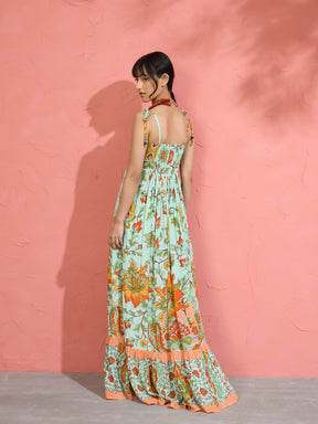 Women Sea Green Floral Strappy Tie-up Maxi Dress