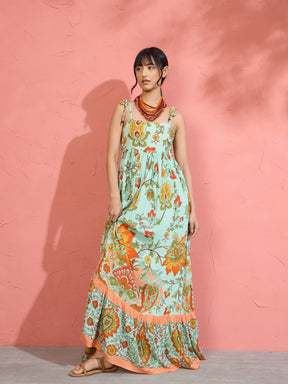 Women Sea Green Floral Strappy Tie-up Maxi Dress
