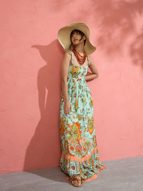 Women Sea Green Floral Strappy Tie-up Maxi Dress
