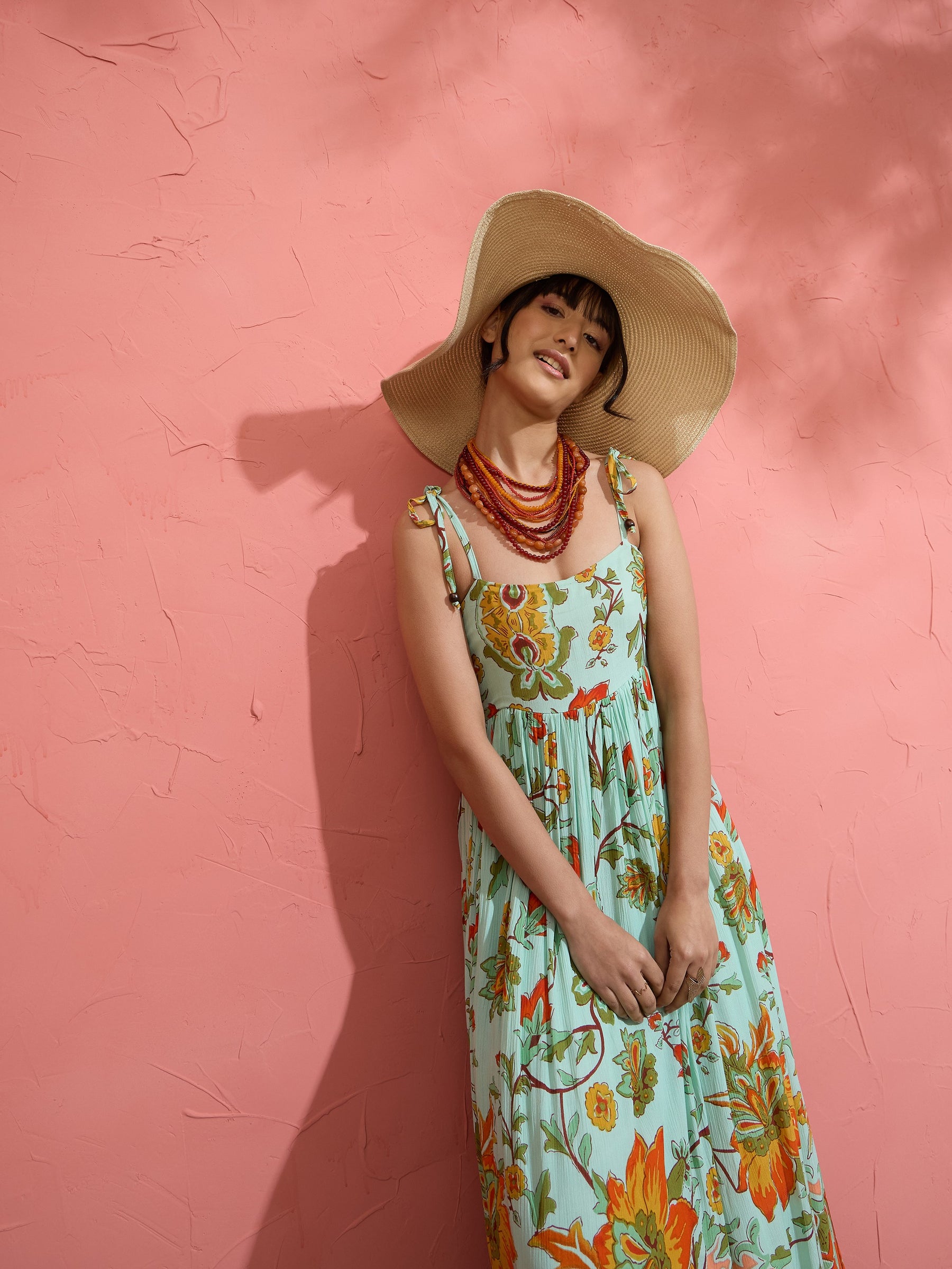Women Sea Green Floral Strappy Tie-up Maxi Dress