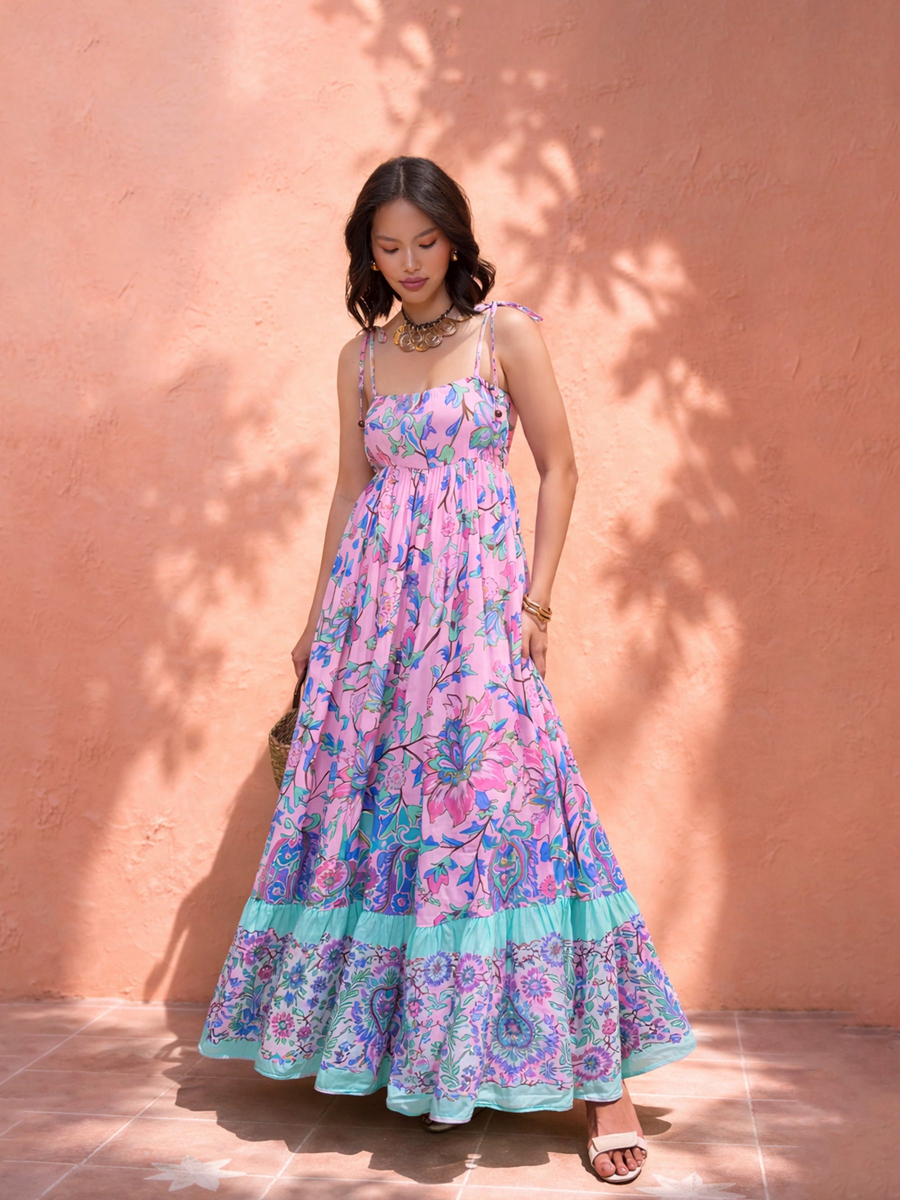 Pink Floral Strappy Tie-up Maxi Dress-Pink Paprika by SASSAFRAS
