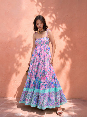 Pink Floral Strappy Tie-up Maxi Dress-Pink Paprika by SASSAFRAS