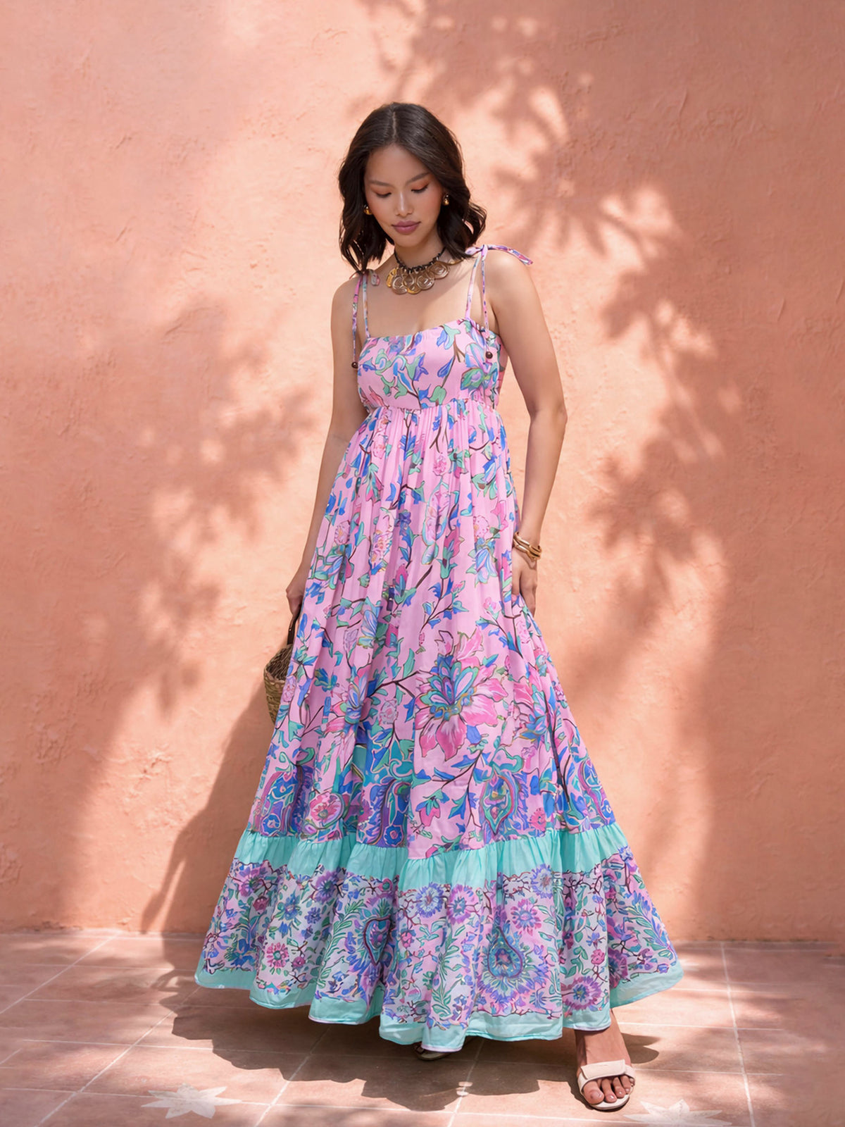 Women Pink Floral Strappy Tie-up Maxi Dress
