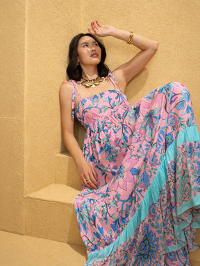 Pink Floral Strappy Tie-up Maxi Dress-Pink Paprika by SASSAFRAS