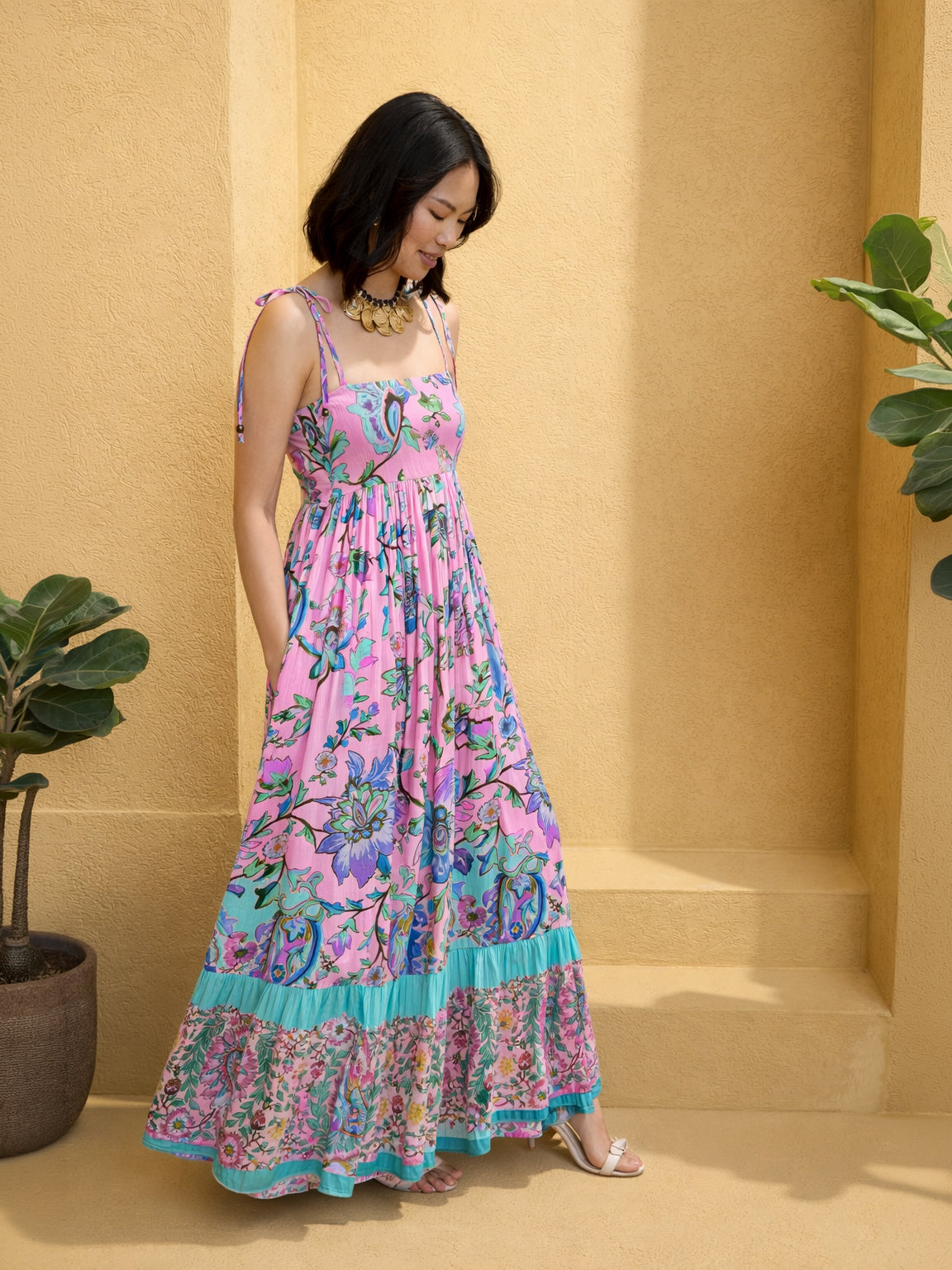 Pink Floral Strappy Tie-up Maxi Dress-Pink Paprika by SASSAFRAS