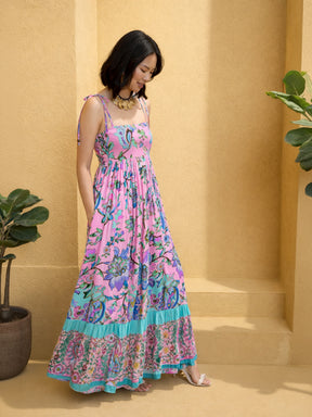 Pink Floral Strappy Tie-up Maxi Dress-Pink Paprika by SASSAFRAS