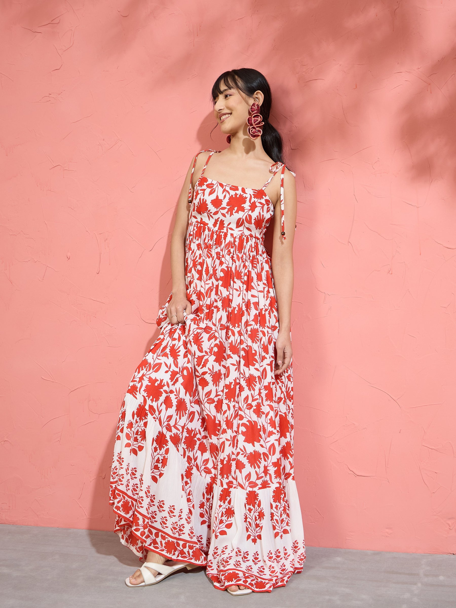 Red Floral Strappy Tie-up Maxi Dress-Pink Paprika by SASSAFRAS