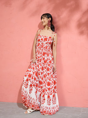 Red Floral Strappy Tie-up Maxi Dress-Pink Paprika by SASSAFRAS