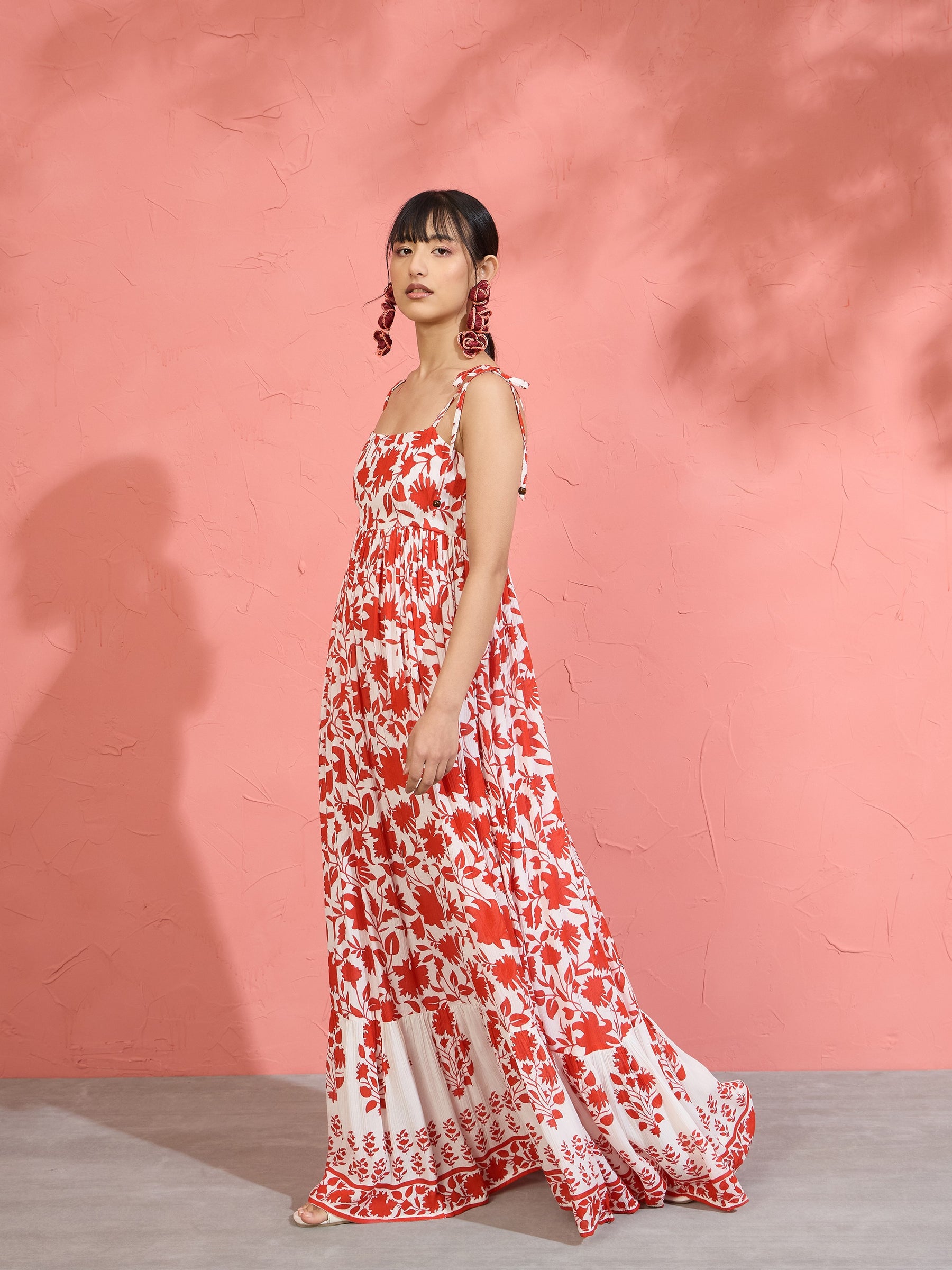 Red Floral Strappy Tie-up Maxi Dress-Pink Paprika by SASSAFRAS
