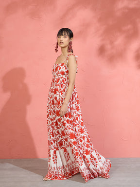 Red Floral Strappy Tie-up Maxi Dress-Pink Paprika by SASSAFRAS