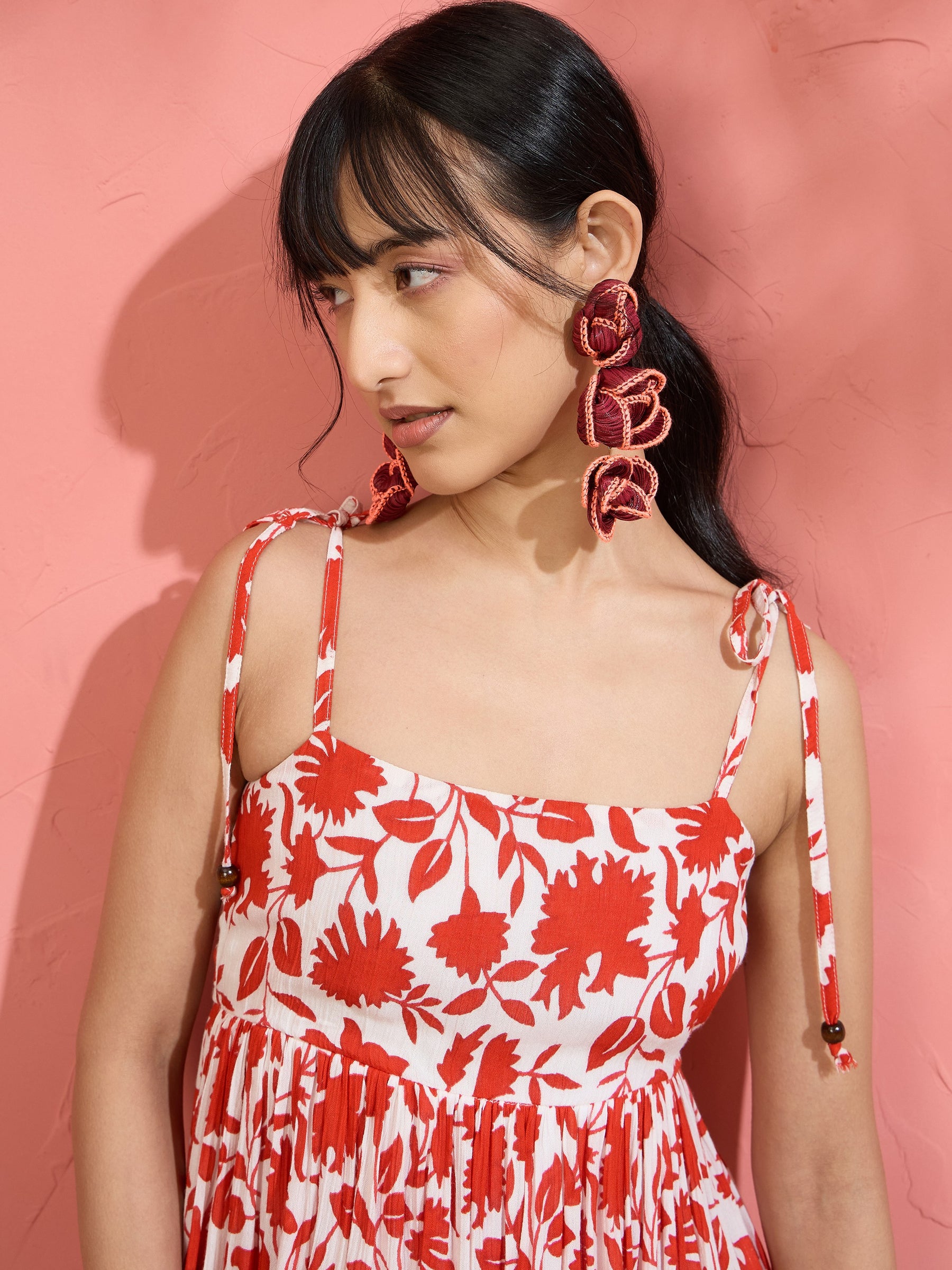 Red Floral Strappy Tie-up Maxi Dress-Pink Paprika by SASSAFRAS