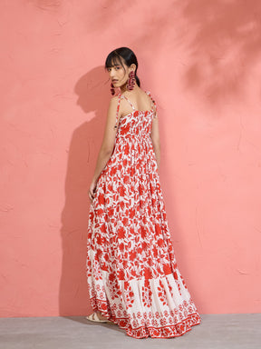 Red Floral Strappy Tie-up Maxi Dress-Pink Paprika by SASSAFRAS