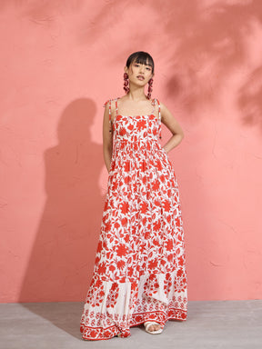 Women Red Floral Strappy Tie-up Maxi Dress