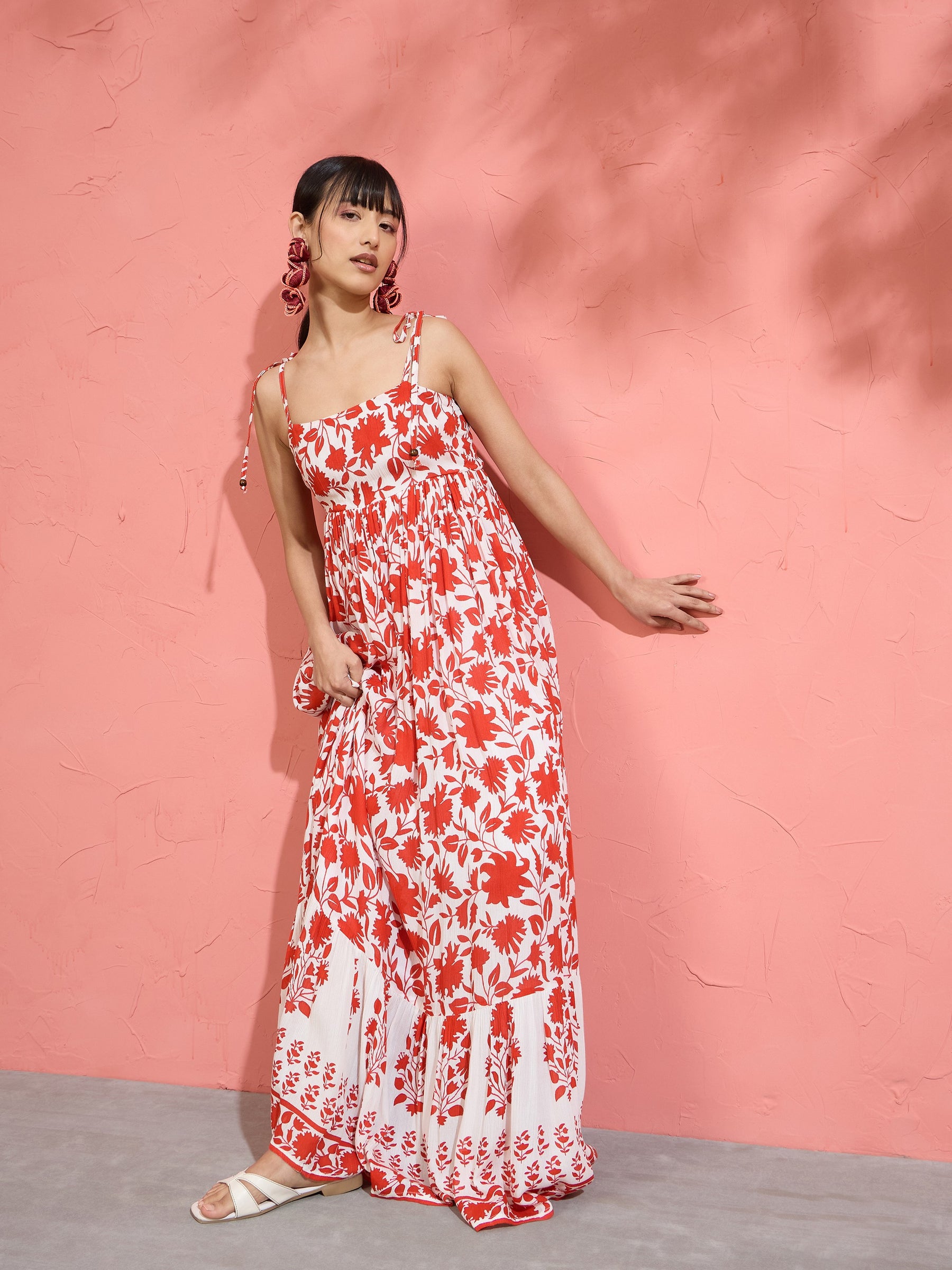 Women Red Floral Strappy Tie-up Maxi Dress
