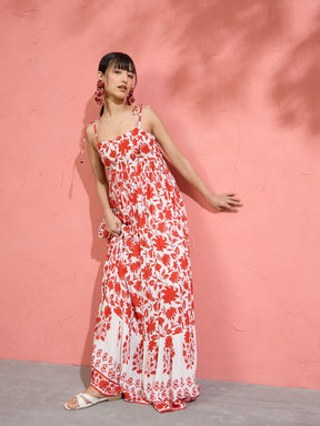 Women Red Floral Strappy Tie-up Maxi Dress
