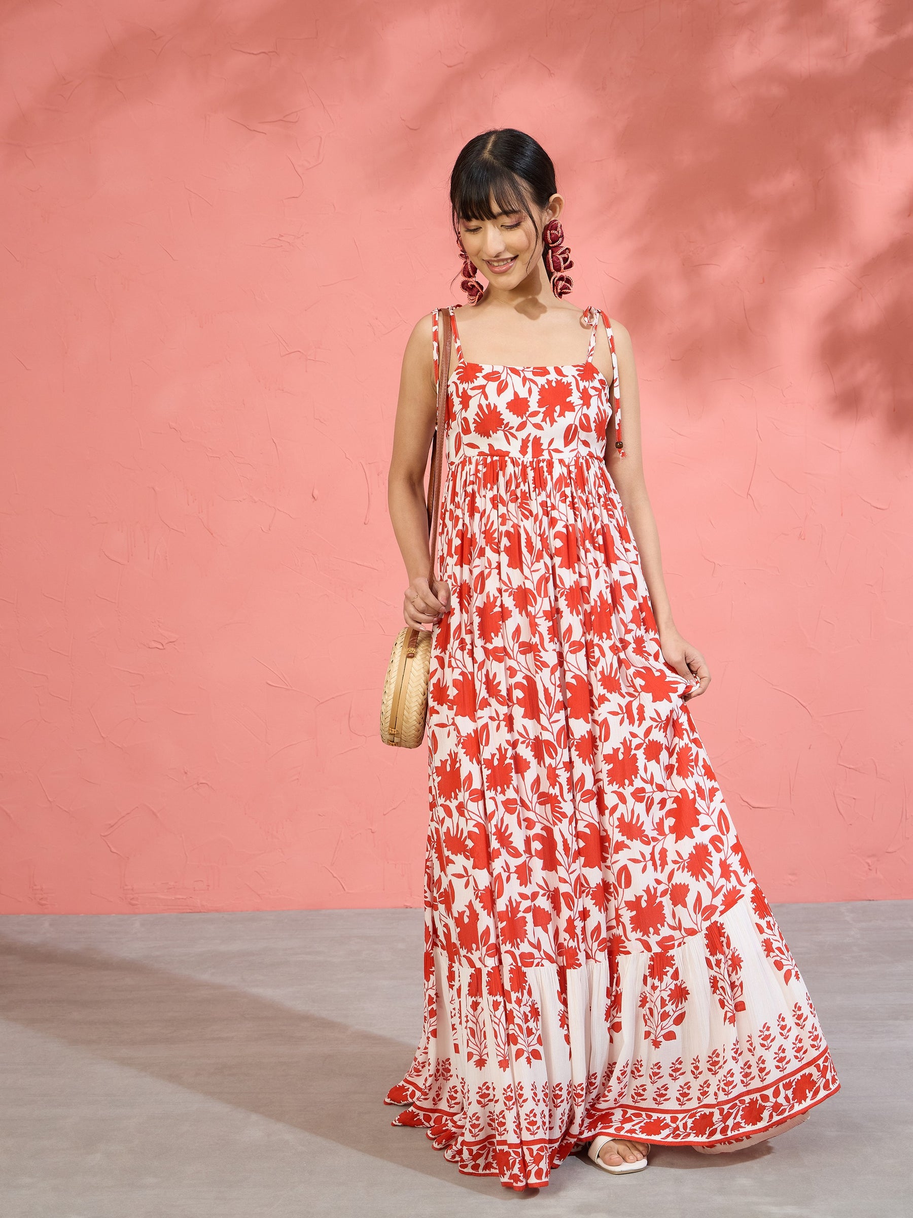 Women Red Floral Strappy Tie-up Maxi Dress