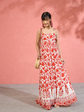Women Red Floral Strappy Tie-up Maxi Dress