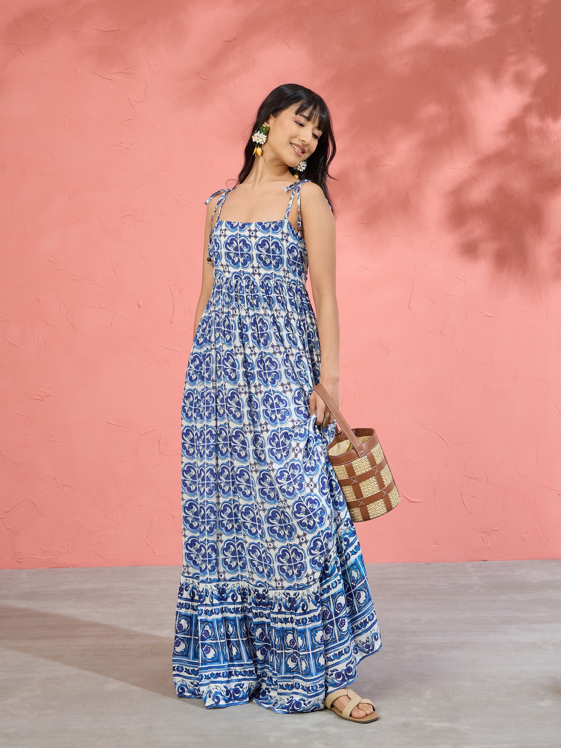 Blue Floral Strappy Tie-up Maxi Dress-Pink Paprika by SASSAFRAS