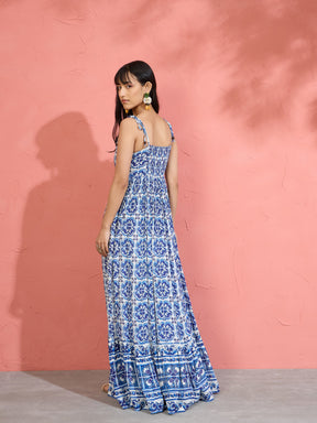 Women Blue Floral Strappy Tie-up Maxi Dress