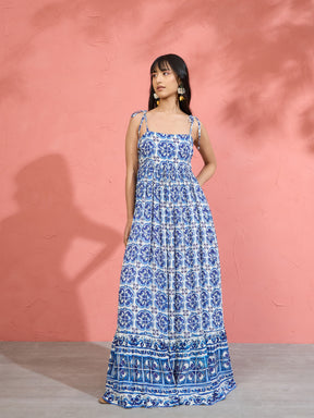 Women Blue Floral Strappy Tie-up Maxi Dress