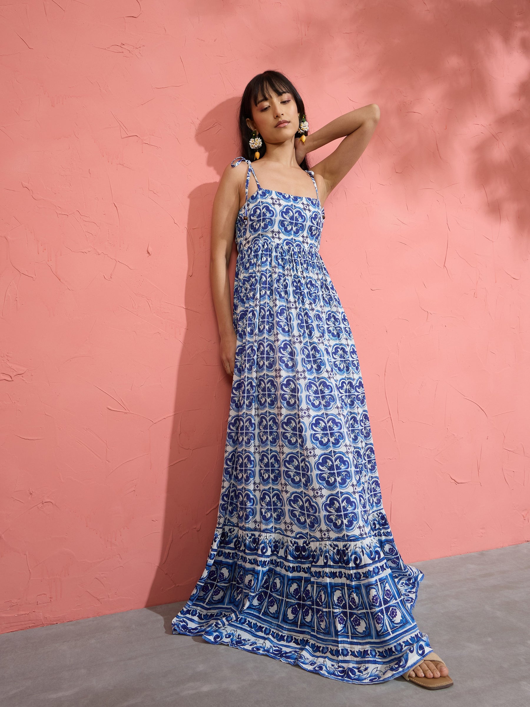 Women Blue Floral Strappy Tie-up Maxi Dress