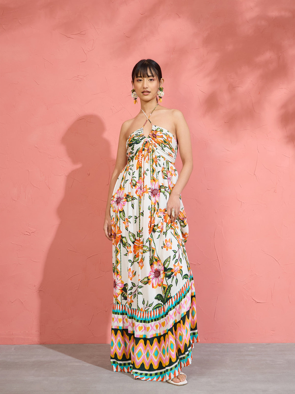 White Floral Front Ruched Tie-Back Maxi Dress-Pink Paprika by SASSAFRAS