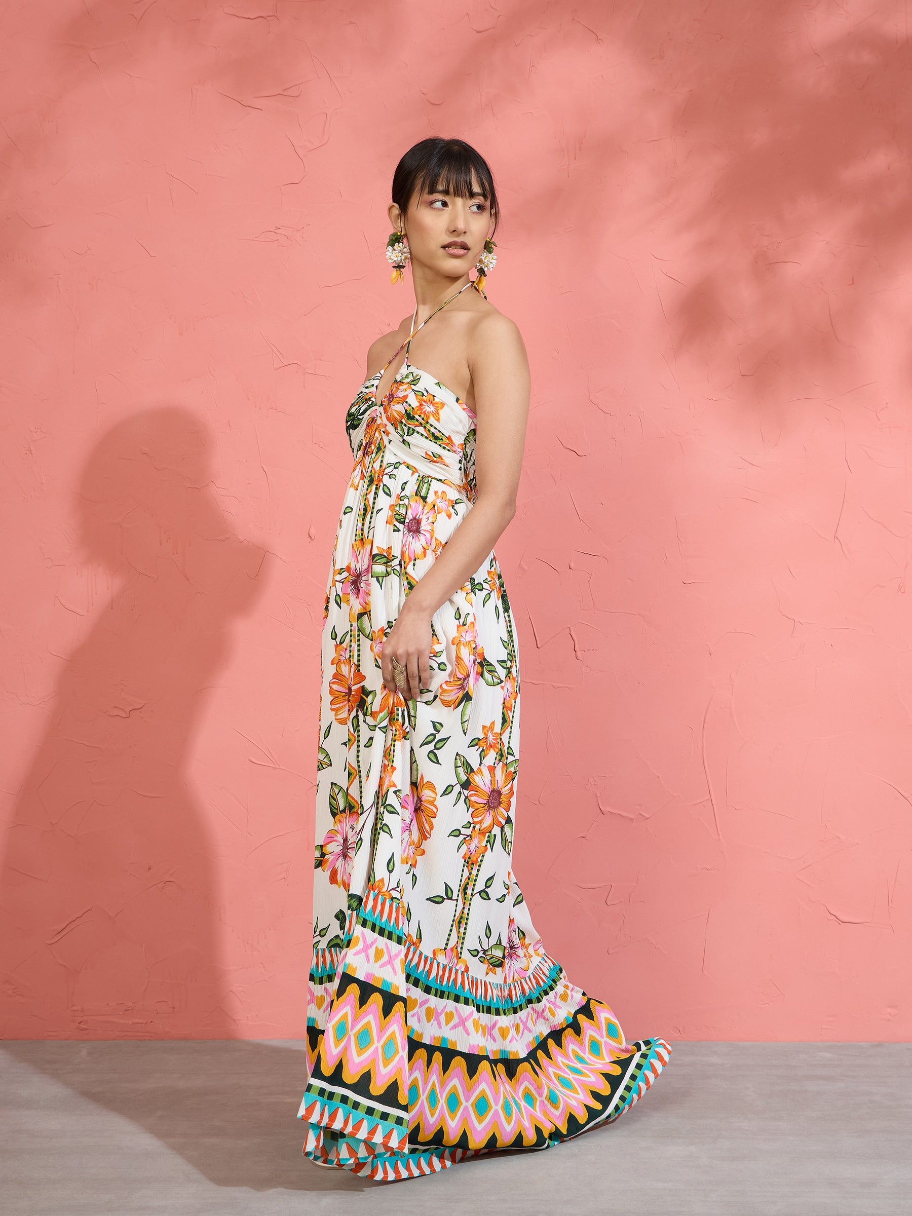 White Floral Front Ruched Tie-Back Maxi Dress-Pink Paprika by SASSAFRAS