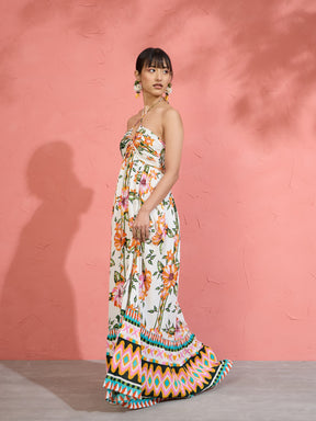 White Floral Front Ruched Tie-Back Maxi Dress-Pink Paprika by SASSAFRAS