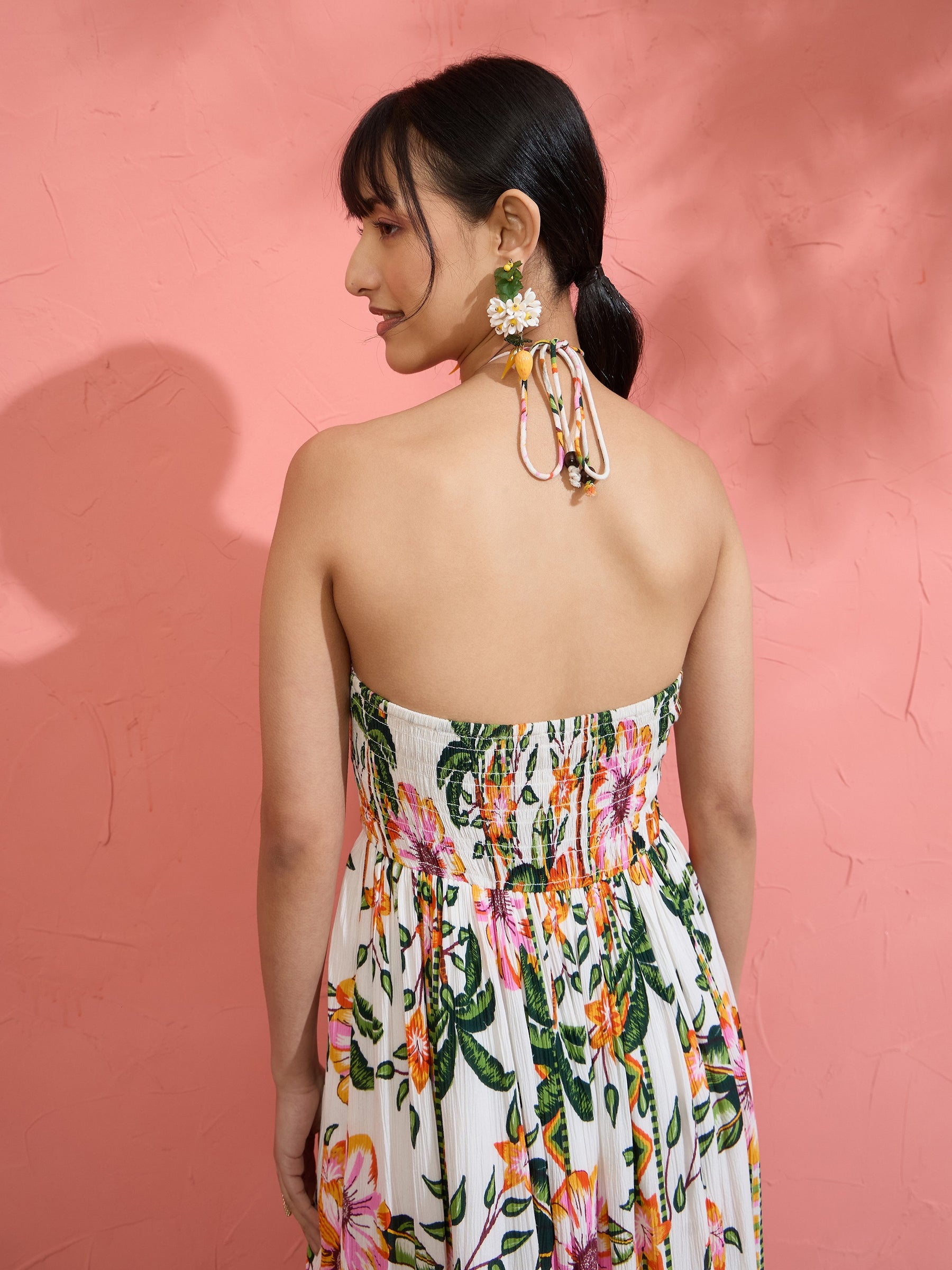 White Floral Front Ruched Tie-Back Maxi Dress-Pink Paprika by SASSAFRAS
