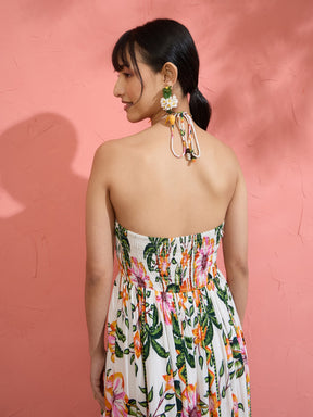 White Floral Front Ruched Tie-Back Maxi Dress-Pink Paprika by SASSAFRAS